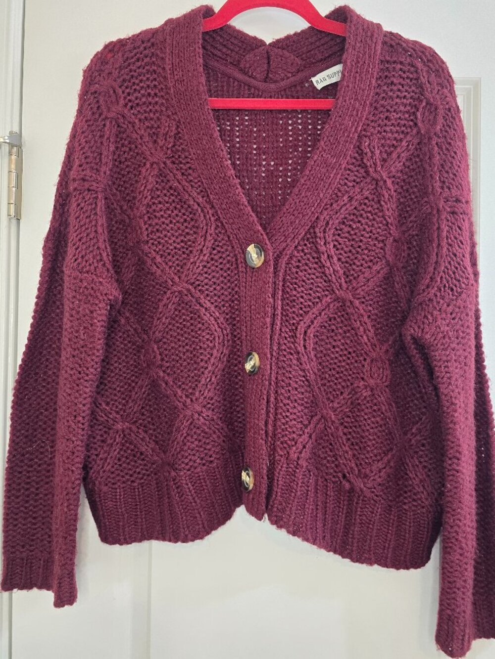 Rag Supply Cozy Fisherman Cable Knit Cardigan -  Red Plum